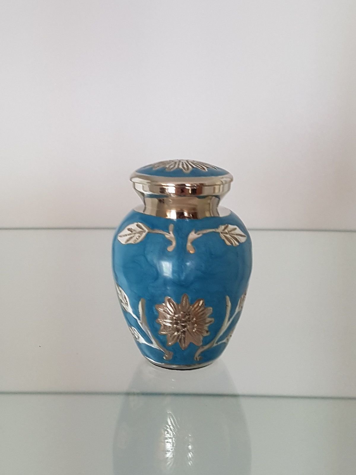 Mini messing urn | Blauw met bloemmotief - Afbeelding 5