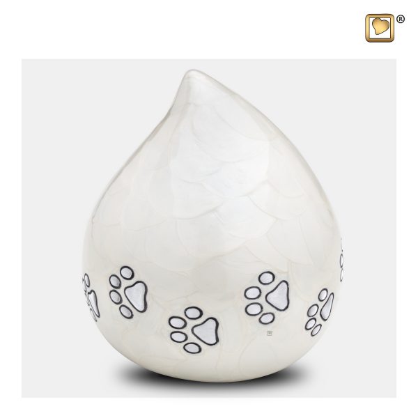 Dieren urn in parelmoer wit met pootafdrukken