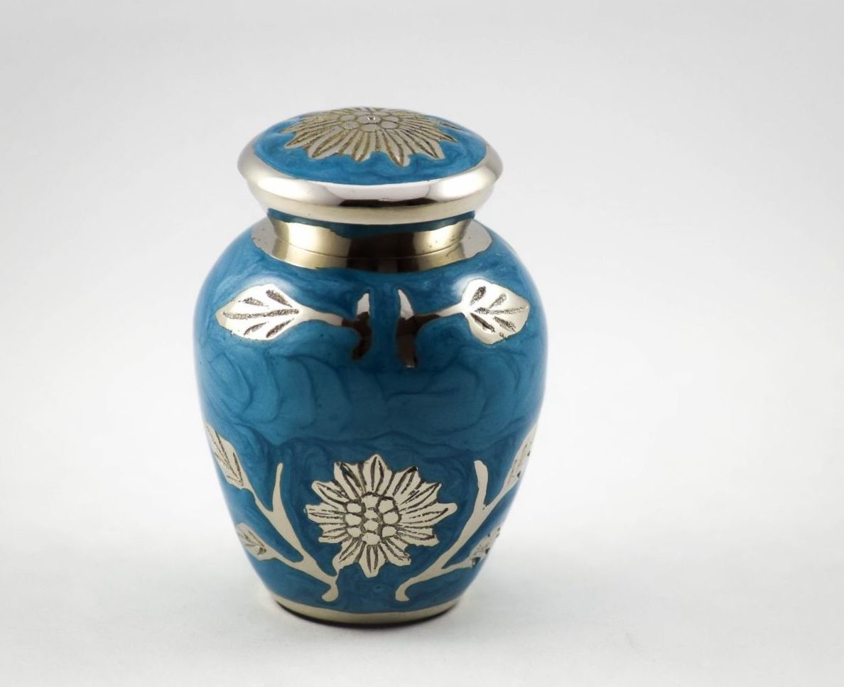 Mini messing urn | Blauw met bloemmotief - Afbeelding 7