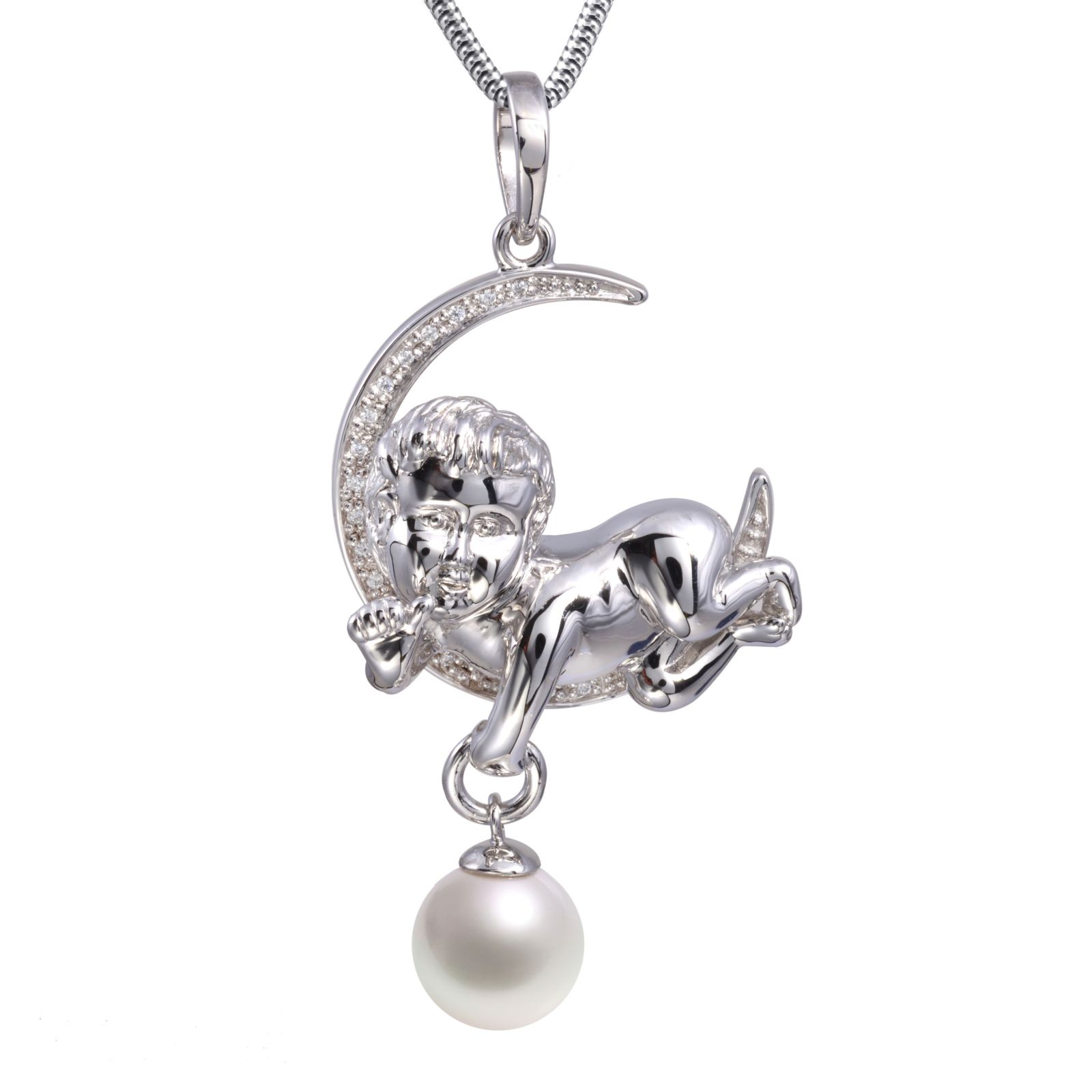 Zilveren ashanger met engel en parel incl zilveren ketting